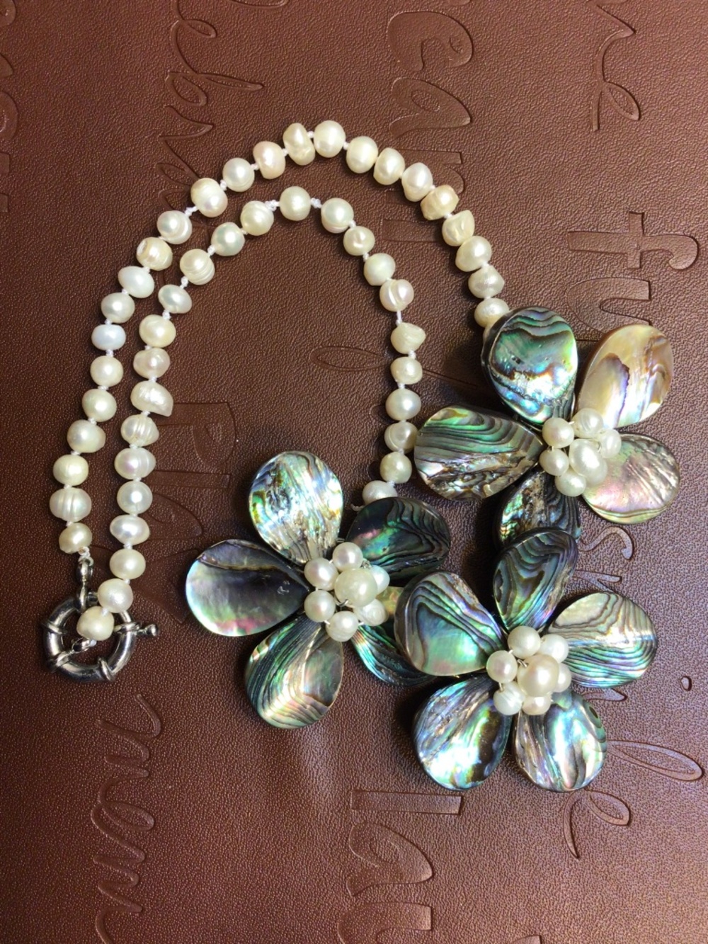 White Pearls Iridescent Paua Abalone Shell Handmade Statement Necklace